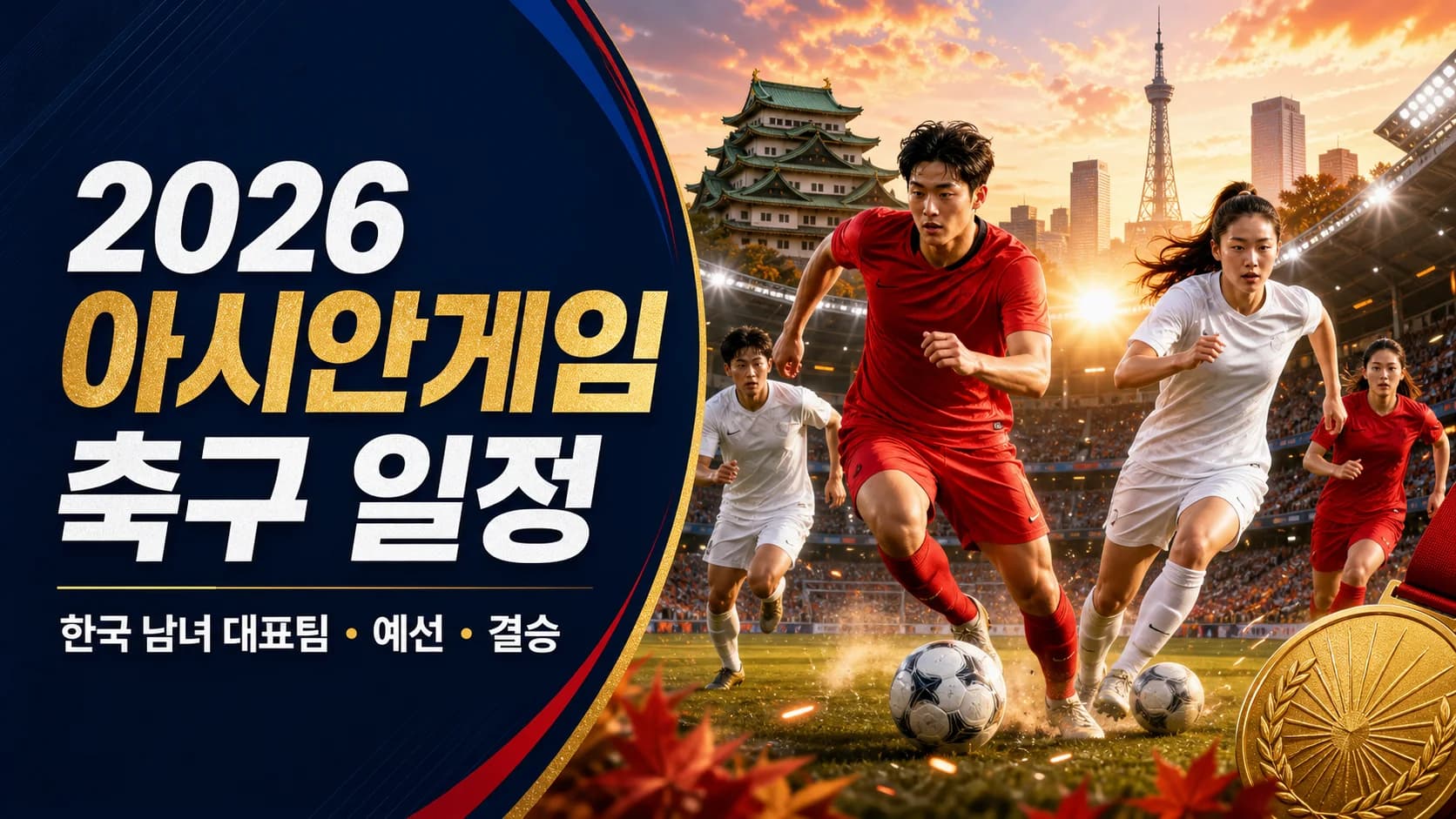 2026 아시안게임 축구 일정과 한국 남녀 대표팀 예선 및 결승을 표현한 편집 이미지