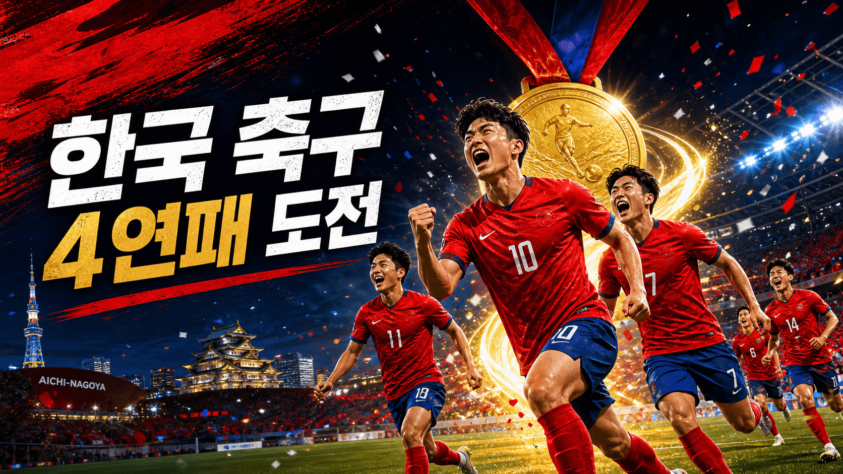 2026 아시안게임 한국 남자축구 4연패 도전을 표현한 붉은 유니폼 선수들과 금메달 배경의 스포츠 뉴스 썸네일