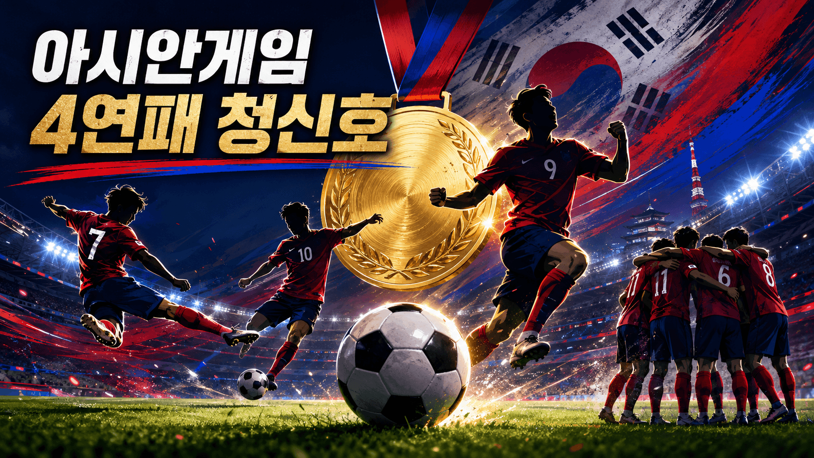 2026 아시안게임을 앞두고 유럽파 한국 축구 선수들의 상승세와 4연패 청신호를 표현한 금메달 배경 스포츠 뉴스 썸네일