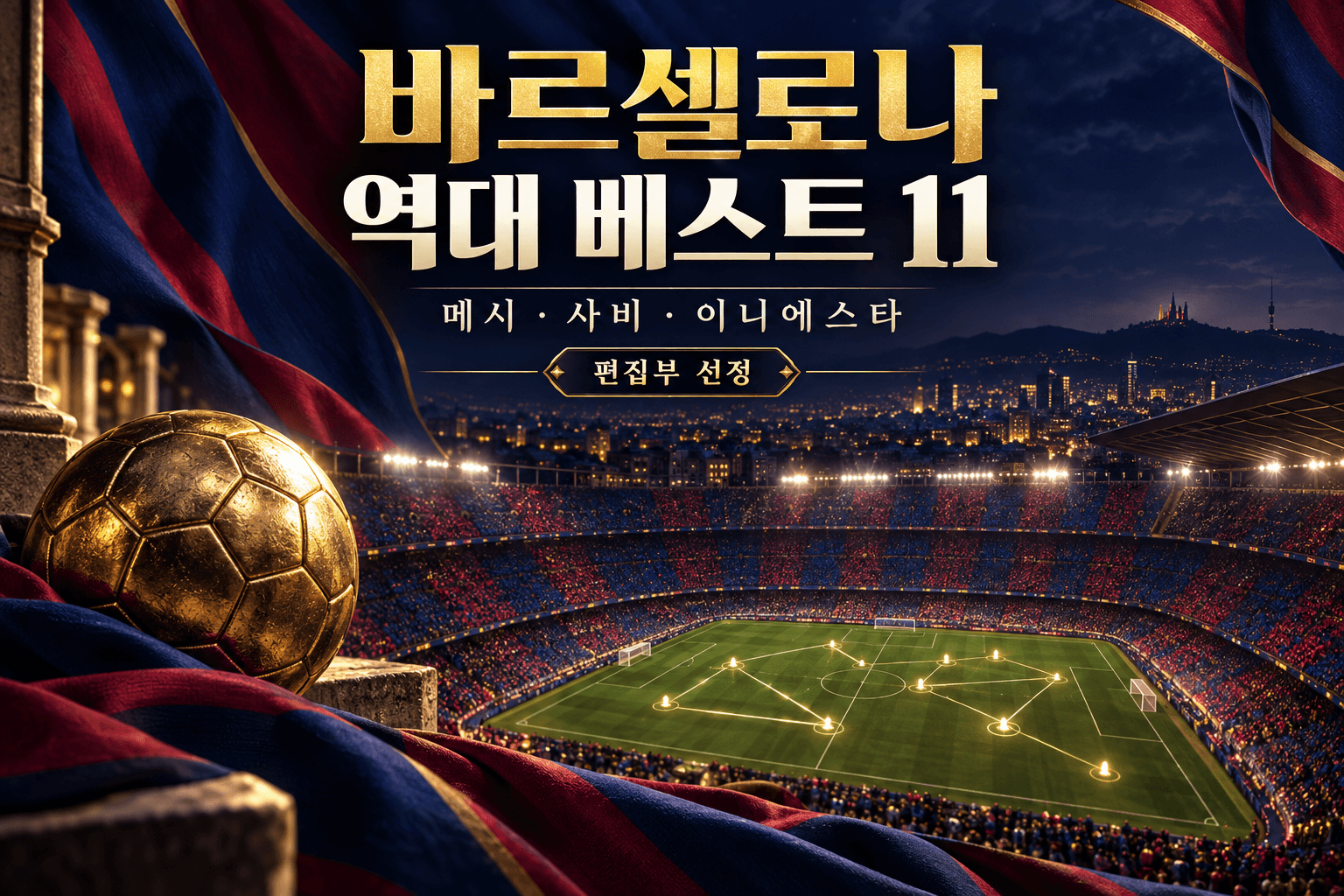 바르셀로나 역대 베스트11과 메시·사비·이니에스타 제목, 남색·진홍색 천과 금색 축구공, 패스 연결을 표현한 경기장 AI 일러스트