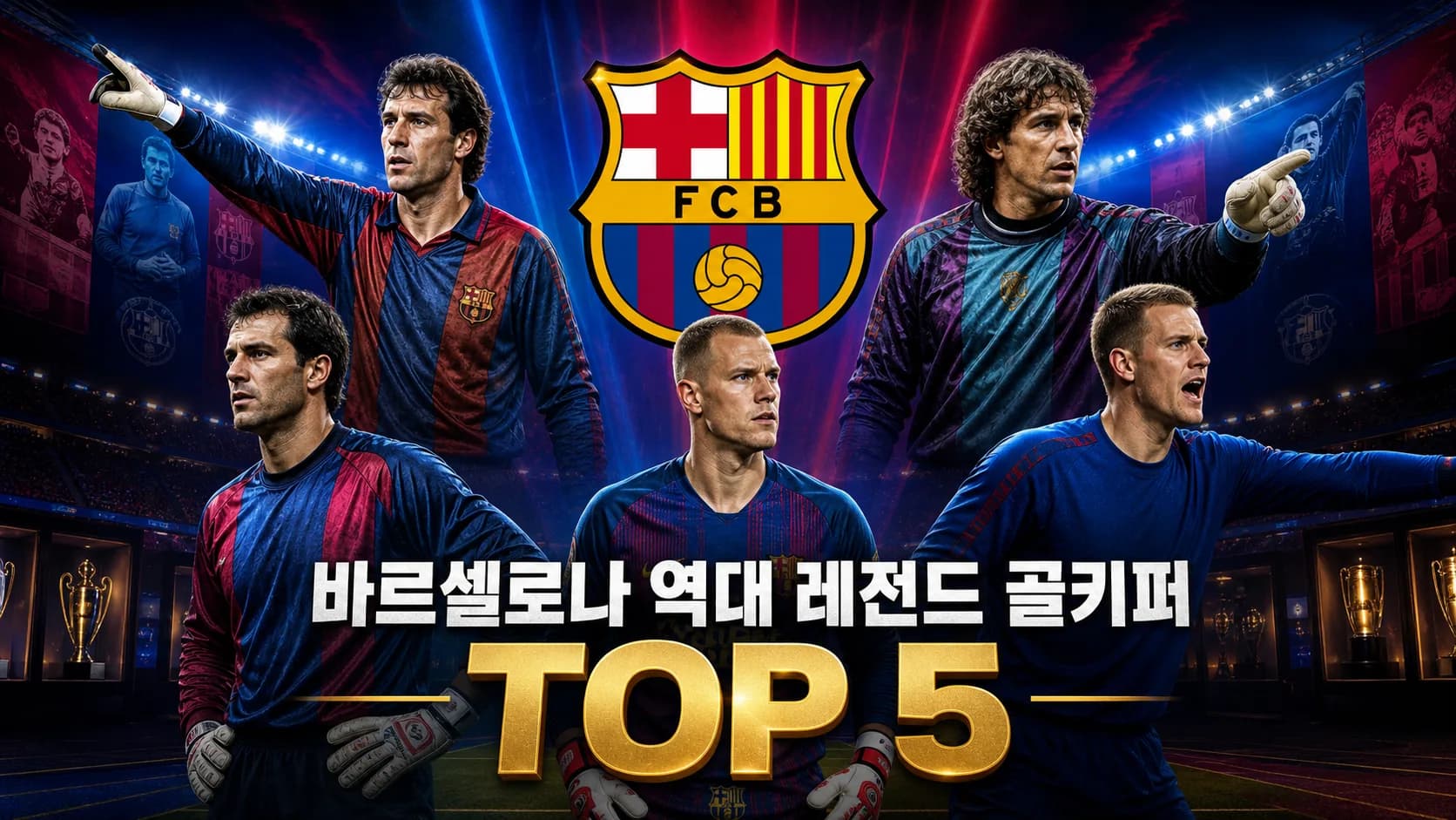 FC 바르셀로나 공식 엠블럼과 시대별 골키퍼 다섯 명을 배치한 바르셀로나 역대 레전드 골키퍼 TOP 5 썸네일