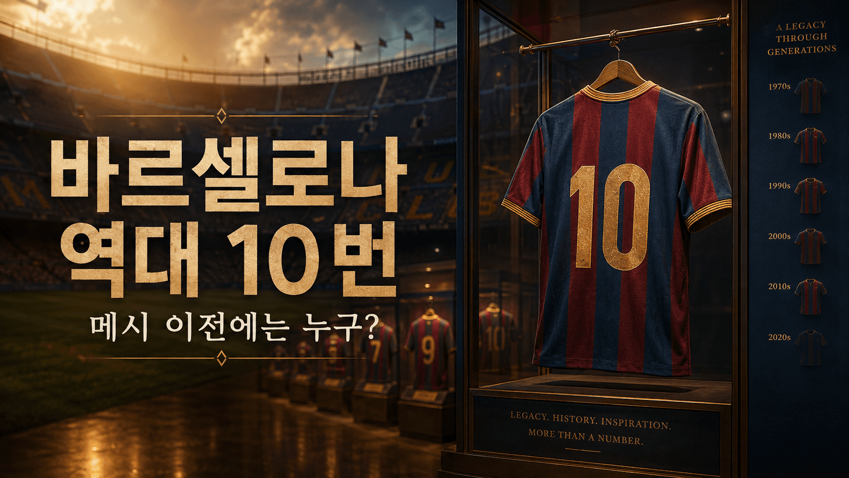 청색과 버건디 10번 유니폼 전시를 표현한 바르셀로나 등번호 역사 AI 일러스트
