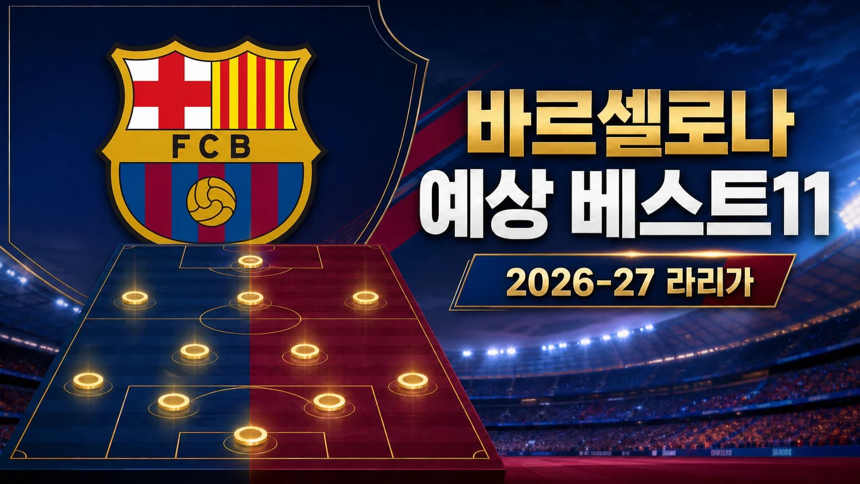 FC 바르셀로나 공식 엠블럼과 4-2-3-1 전술판을 표현한 2026-27 라리가 예상 베스트11 썸네일