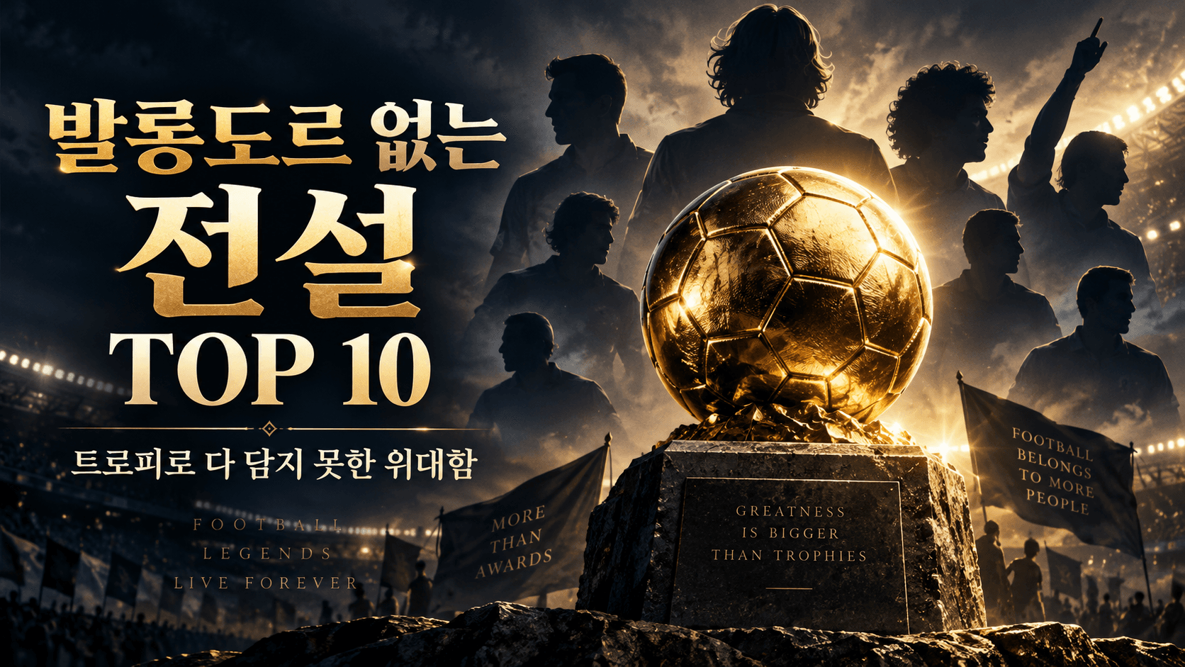 황금빛 축구공과 선수 실루엣으로 표현한 발롱도르 없는 전설 TOP 10 AI 일러스트