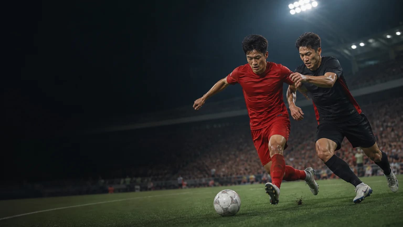 부천종합운동장에서 붉은색과 검정색 비식별 선수가 공을 다투는 부천FC 포항 스틸러스 프리뷰 편집 이미지