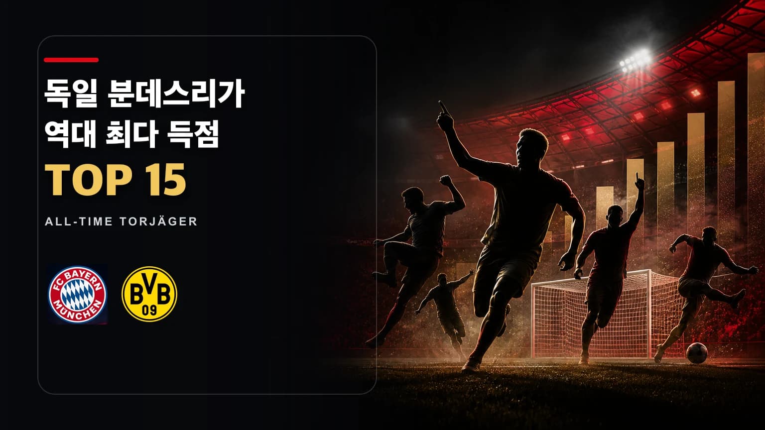 바이에른 뮌헨과 도르트문트 공식 엠블럼 및 골잡이 실루엣을 배치한 독일 분데스리가 역대 최다 득점 TOP 15 썸네일