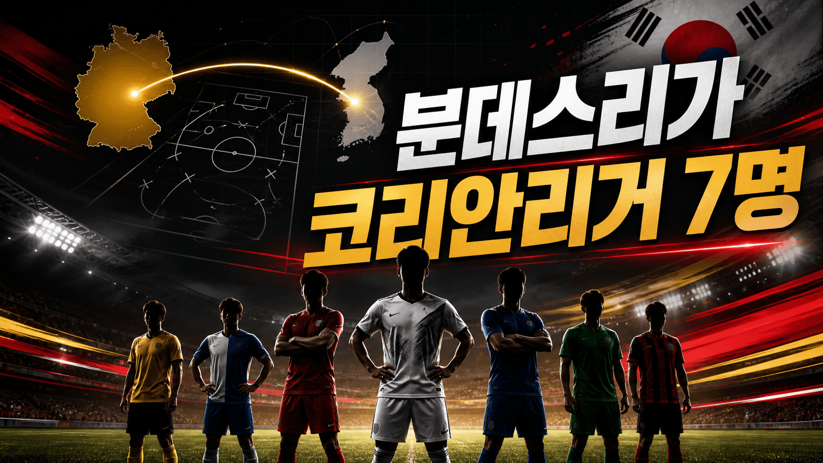 2026-27시즌 독일 분데스리가 코리안리거 7명을 표현한 한국 국기와 독일 축구장 배경의 스포츠 뉴스 썸네일