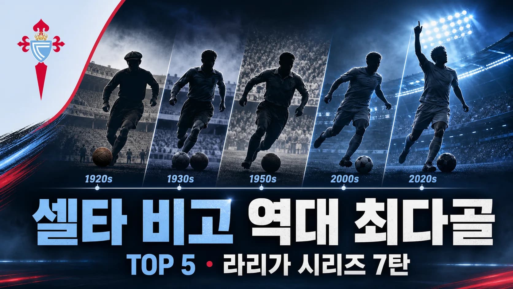 셀타 비고 공식 크레스트와 시대별 골잡이를 표현한 역대 최다골 TOP5 라리가 시리즈 7탄 썸네일