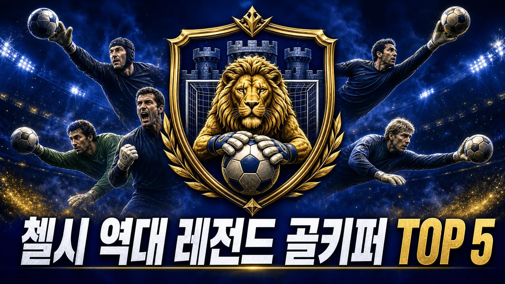 첼시 역대 레전드 골키퍼 TOP 5 제목과 로열 블루·골드 사자 골키퍼 방패를 담은 이미지