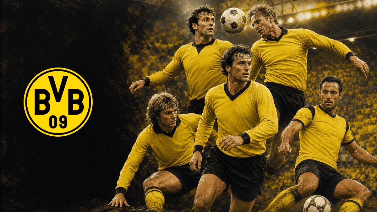 보루시아 도르트문트 공식 BVB 09 엠블럼과 여러 시대의 중앙수비수 다섯 명을 배치한 역대 레전드 TOP 5 썸네일