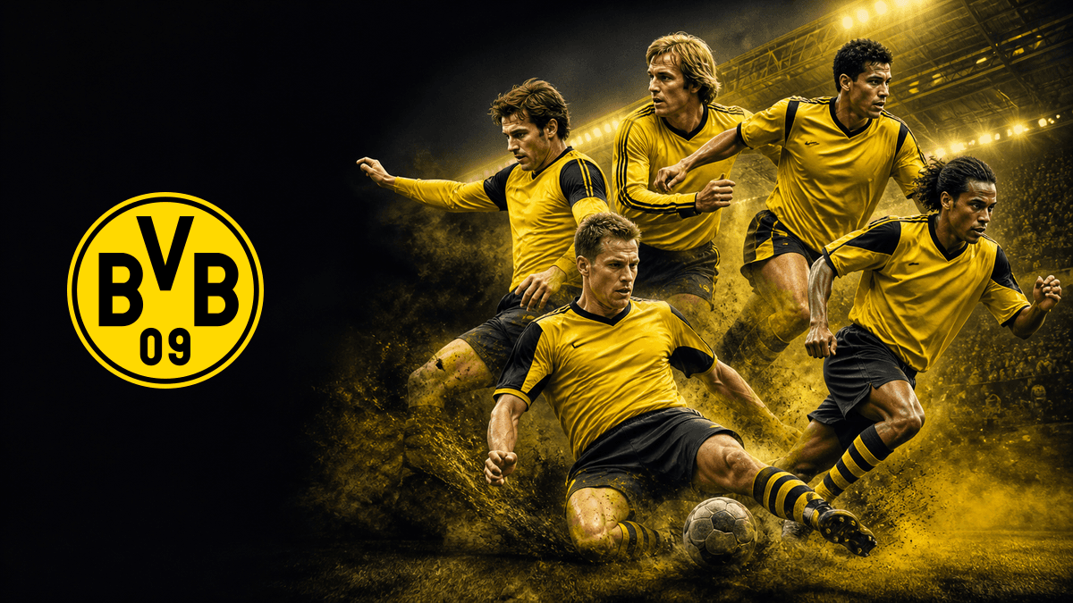 보루시아 도르트문트 공식 BVB 09 엠블럼과 여러 시대의 라이트백 다섯 명을 배치한 역대 레전드 TOP 5 썸네일