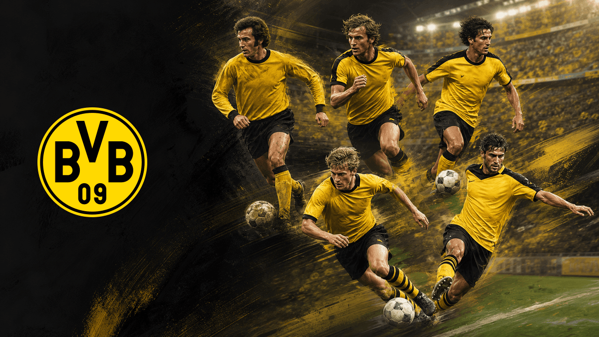 보루시아 도르트문트 공식 BVB 09 엠블럼과 서로 다른 시대의 오른쪽 윙어 다섯 명을 배치한 역대 레전드 라이트 윙 TOP 5 썸네일