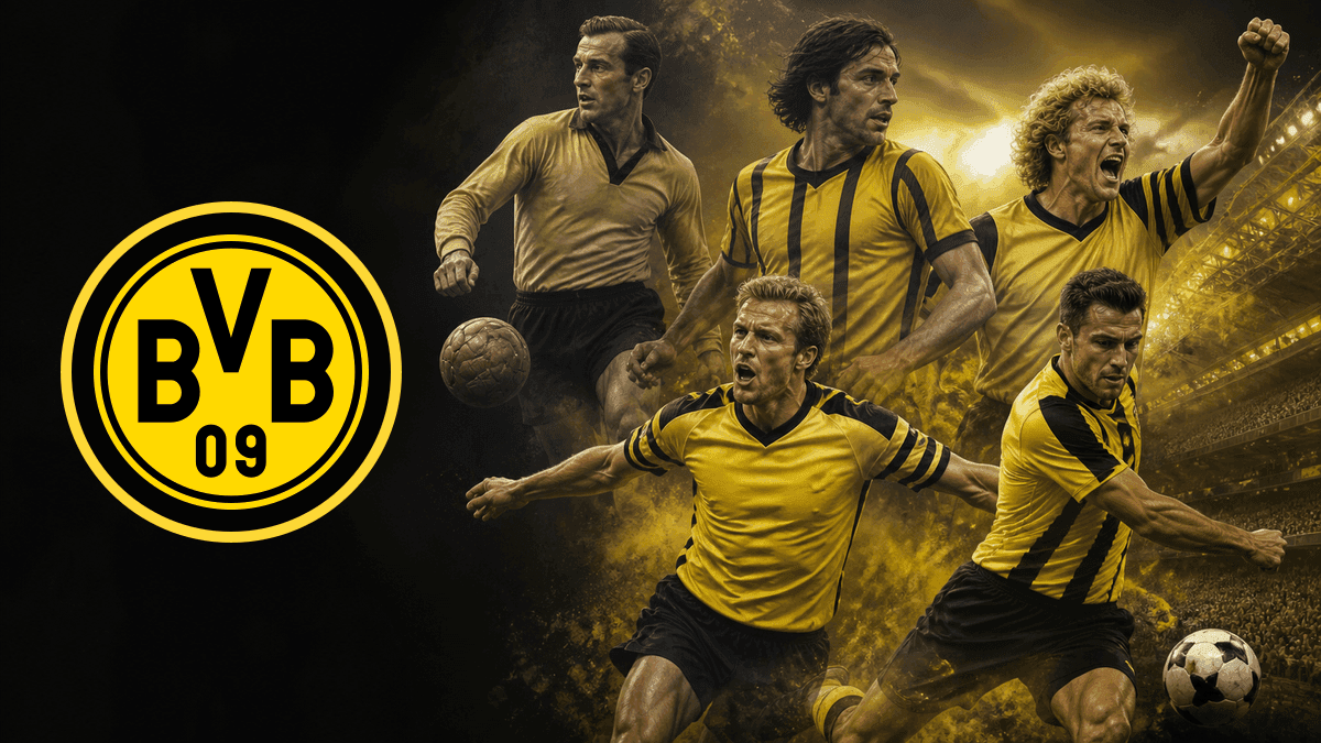보루시아 도르트문트 공식 BVB 09 엠블럼과 서로 다른 시대의 공격수 다섯 명을 배치한 역대 레전드 공격수 TOP 5 썸네일