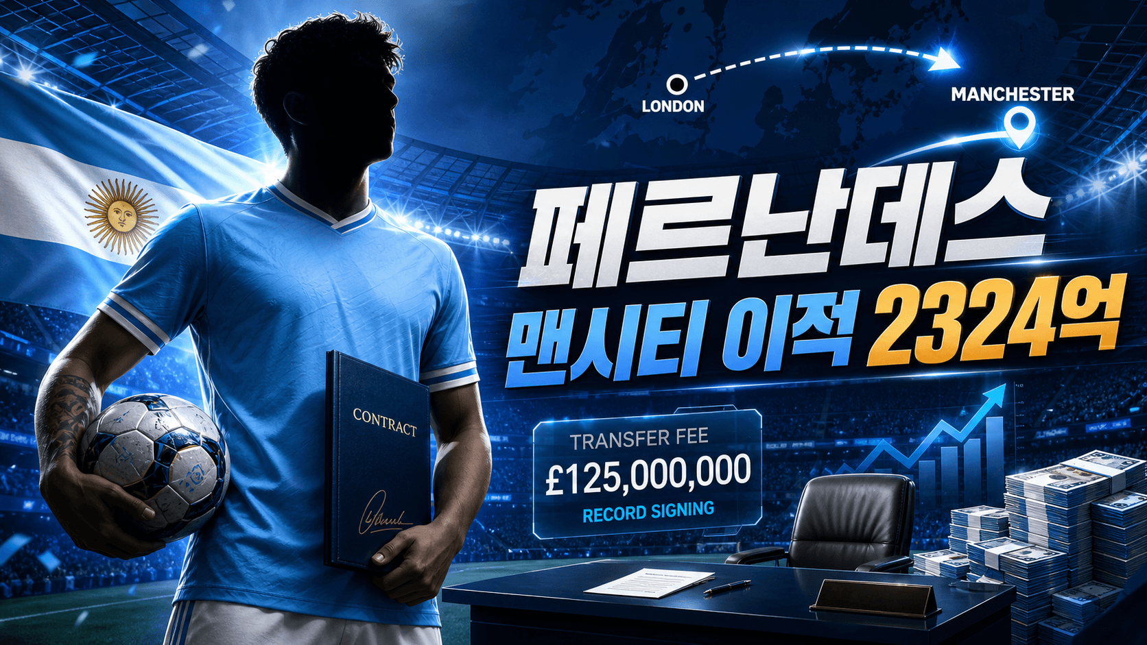 엔조 페르난데스의 첼시에서 맨체스터 시티로 향하는 2324억 원 이적을 표현한 하늘색 유니폼과 계약서 배경의 스포츠 뉴스 썸네일