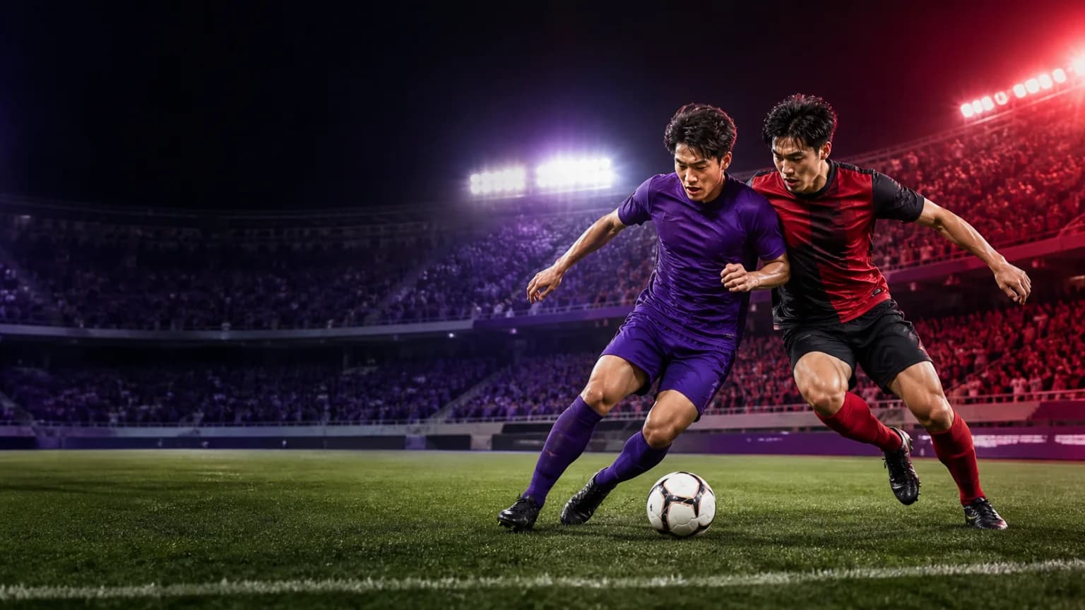 안양종합운동장에서 보라색과 붉은색 비식별 선수가 공을 다투는 FC안양 FC서울 연고지 더비 편집 이미지