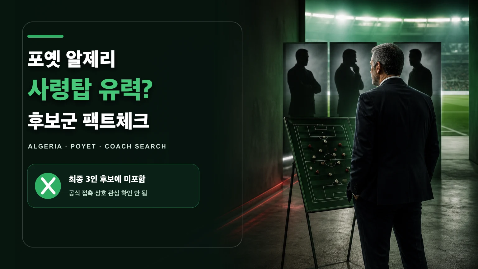 녹색 경기장 터널에서 세 명의 감독 후보를 바라보는 비식별 감독을 표현한 포옛 알제리 대표팀 사령탑설 썸네일
