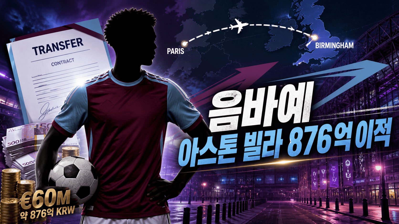 이브라힘 음바예의 PSG에서 아스톤 빌라로 향하는 876억 원 이적을 표현한 프리미어리그 이적 뉴스 썸네일
