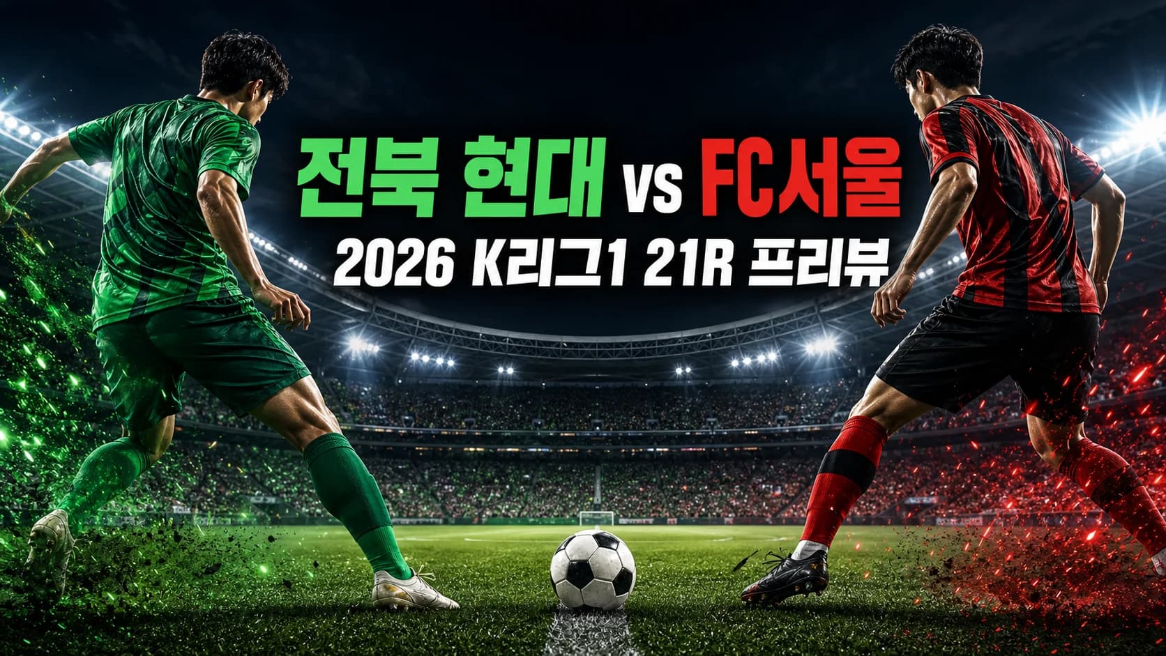 전북 현대와 FC서울의 2026 K리그1 21라운드 경기 프리뷰를 표현한 축구 선수 대결 이미지