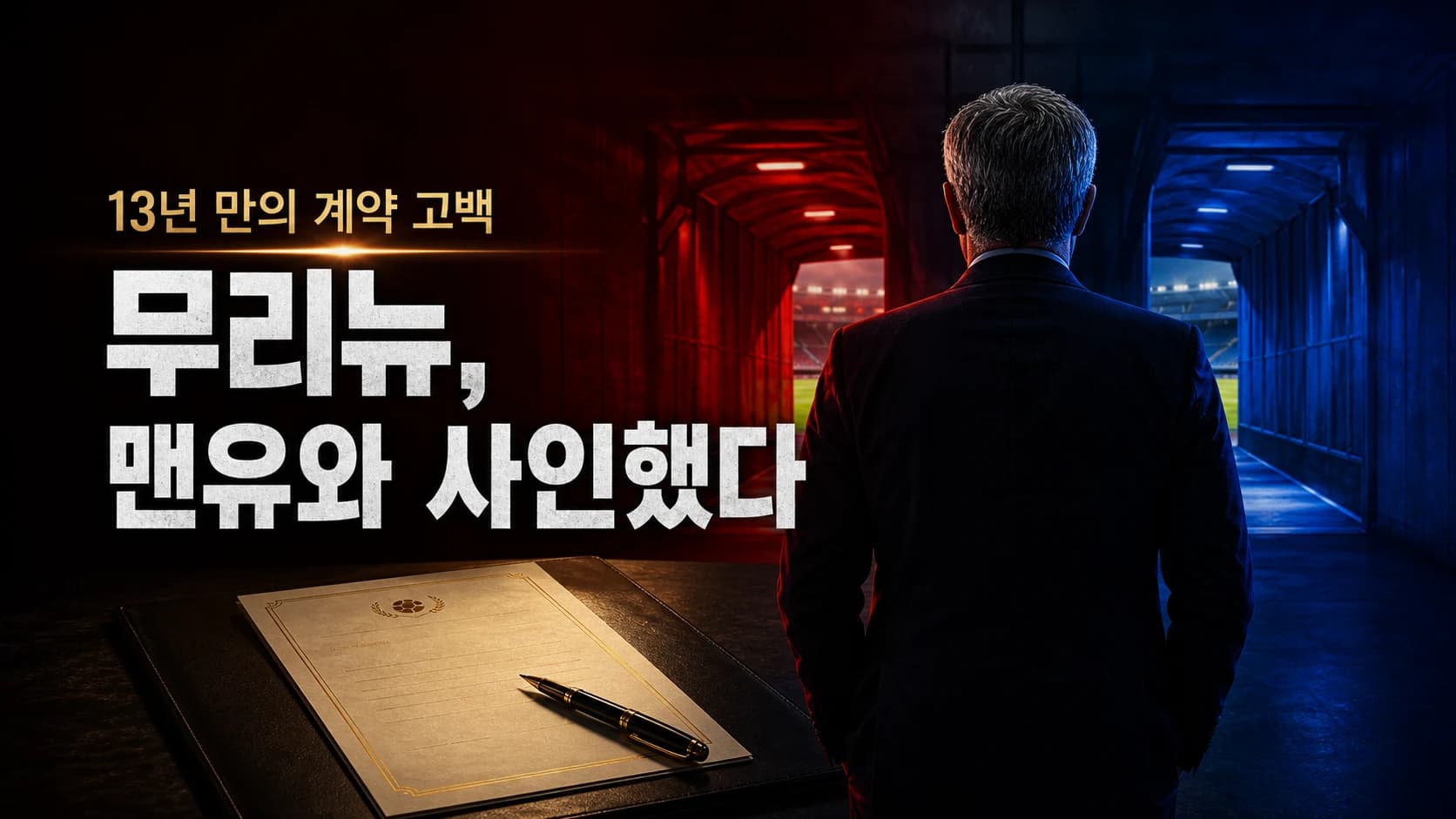 붉은색과 파란색 경기장 통로 사이에서 계약서를 바라보는 비식별 감독으로 표현한 무리뉴 2013년 맨유 계약 고백 썸네일