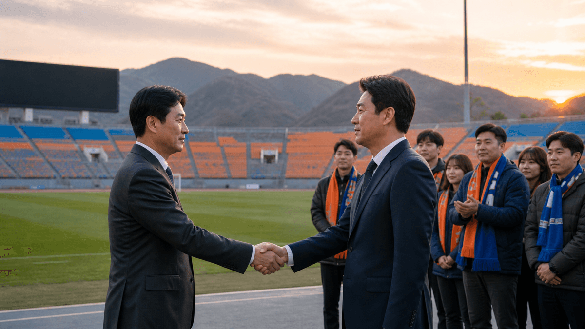 강원FC와 춘천의 갈등 봉합 및 2027시즌 홈경기 협의를 상징하는 경기장 악수 장면