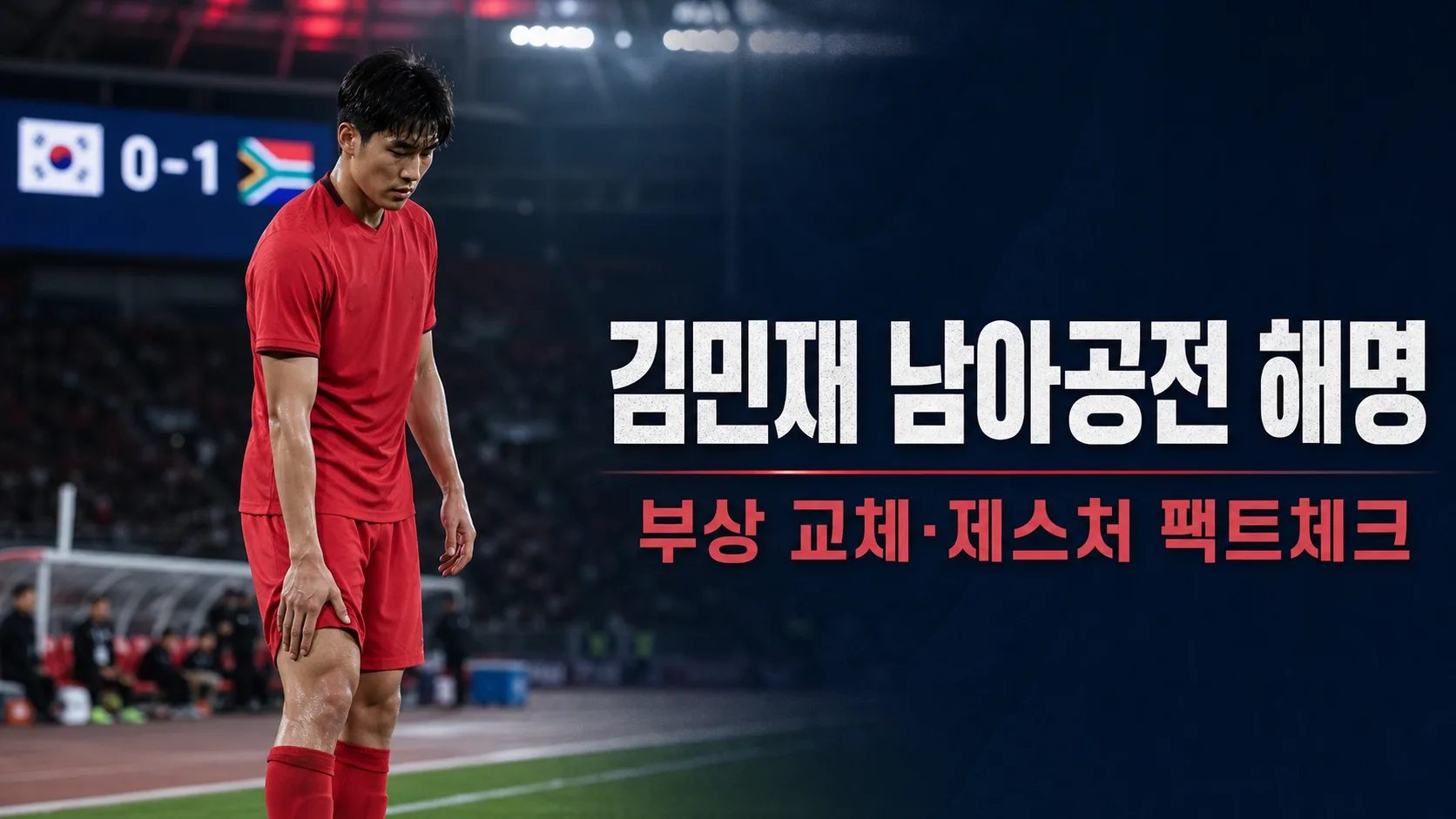 붉은 유니폼의 비식별 한국 수비수가 경기 후 다리를 살피는 김민재 남아공전 부상 교체와 제스처 팩트체크 썸네일