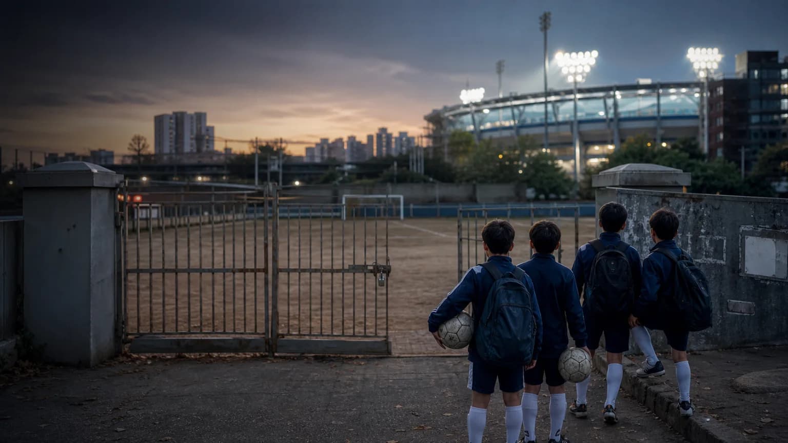 잠긴 학교 운동장 앞에서 축구공을 들고 훈련 공간을 기다리는 비식별 유소년 선수들