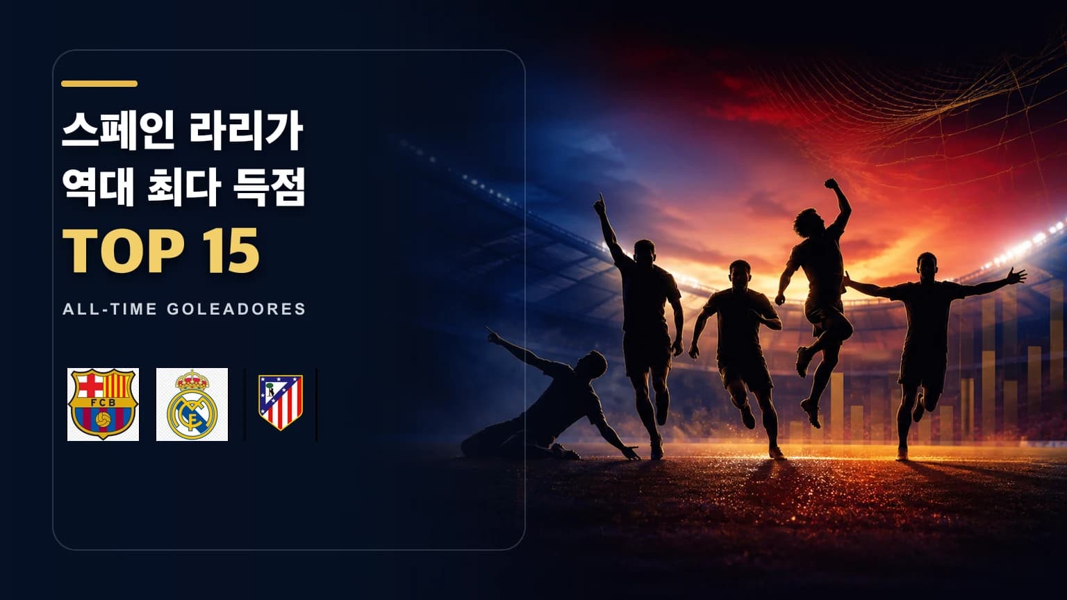 바르셀로나 레알 마드리드 아틀레티코 마드리드 공식 엠블럼과 공격수 실루엣을 배치한 라리가 역대 최다 득점 TOP 15 썸네일