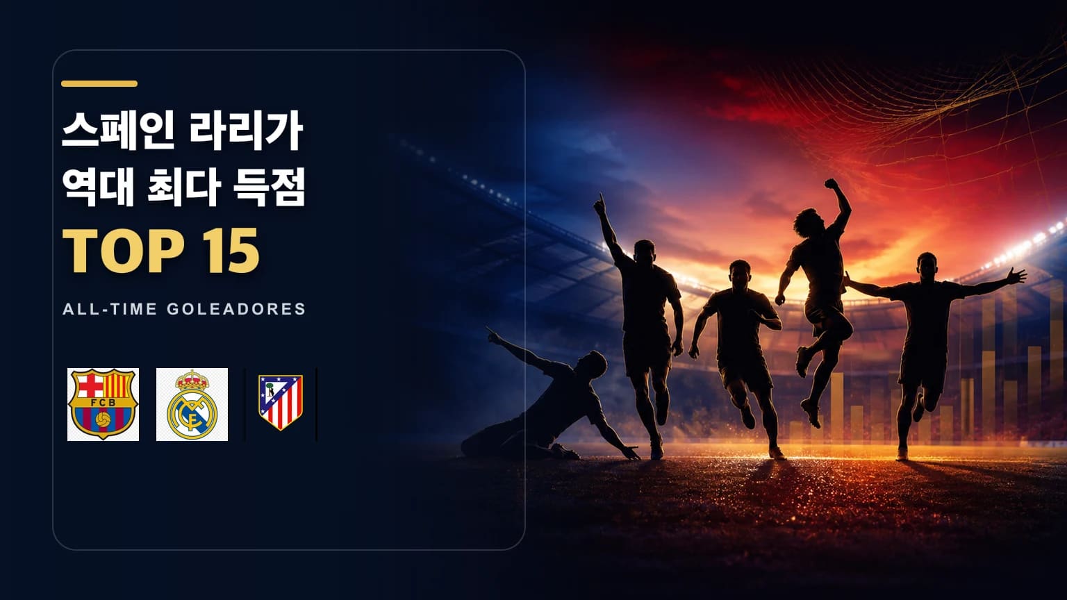 바르셀로나 레알 마드리드 아틀레티코 마드리드 공식 엠블럼과 공격수 실루엣을 배치한 라리가 역대 최다 득점 TOP 15 썸네일