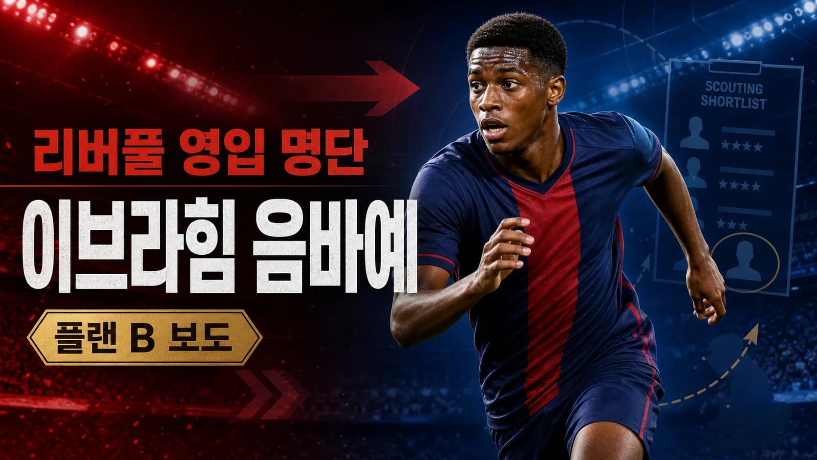 리버풀 공격 보강 영입 명단에 포함된 이브라힘 음바예와 플랜 B 보도를 표현한 스포츠 매거진 편집 이미지