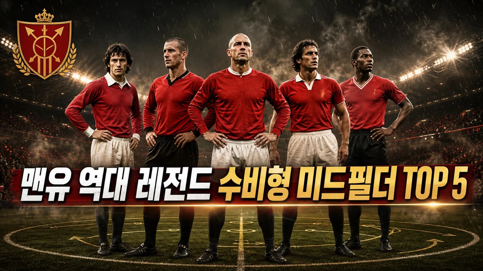 맨유 역대 레전드 수비형 미드필더 TOP 5를 표현한 레드 앤 골드 전술 방패와 다섯 미드필더 편집 이미지