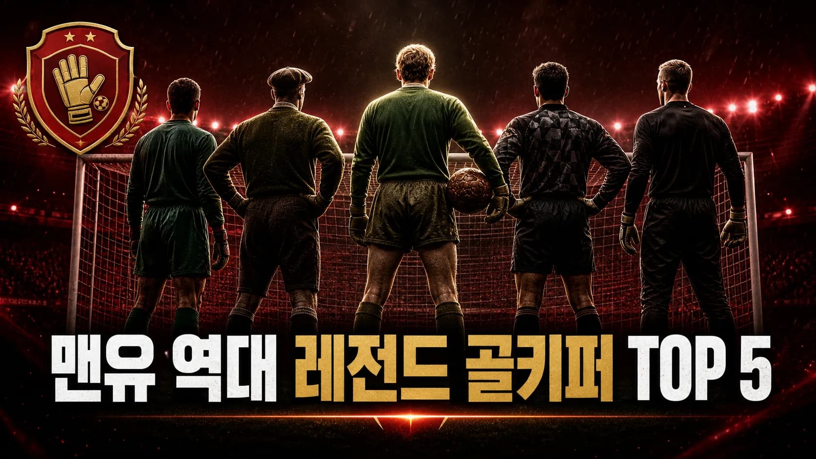 맨유 역대 레전드 골키퍼 TOP 5를 표현한 레드 앤 골드 축구 엠블럼과 다섯 골키퍼 편집 이미지