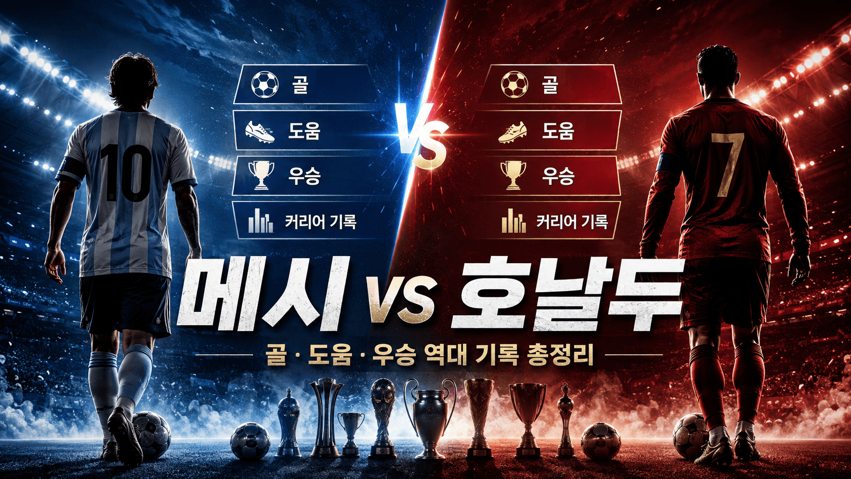 등번호 10번과 7번의 두 전설적인 축구 선수를 골 도움 우승 커리어 기준으로 비교하는 뉴스 썸네일