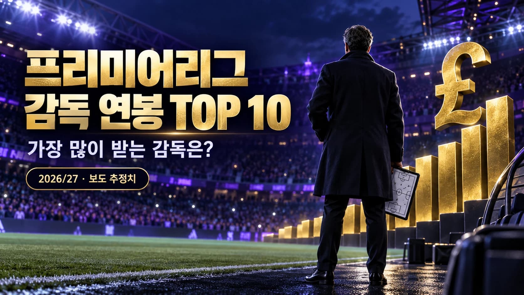 보라색 축구 경기장과 익명 감독의 뒷모습, 금빛 파운드 기호 및 감독 연봉 TOP 10 제목을 담은 AI 생성 일러스트