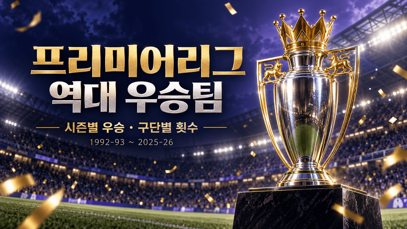 황금 왕관이 장식된 은빛 트로피와 야간 경기장으로 표현한 프리미어리그 역대 우승팀 AI 일러스트