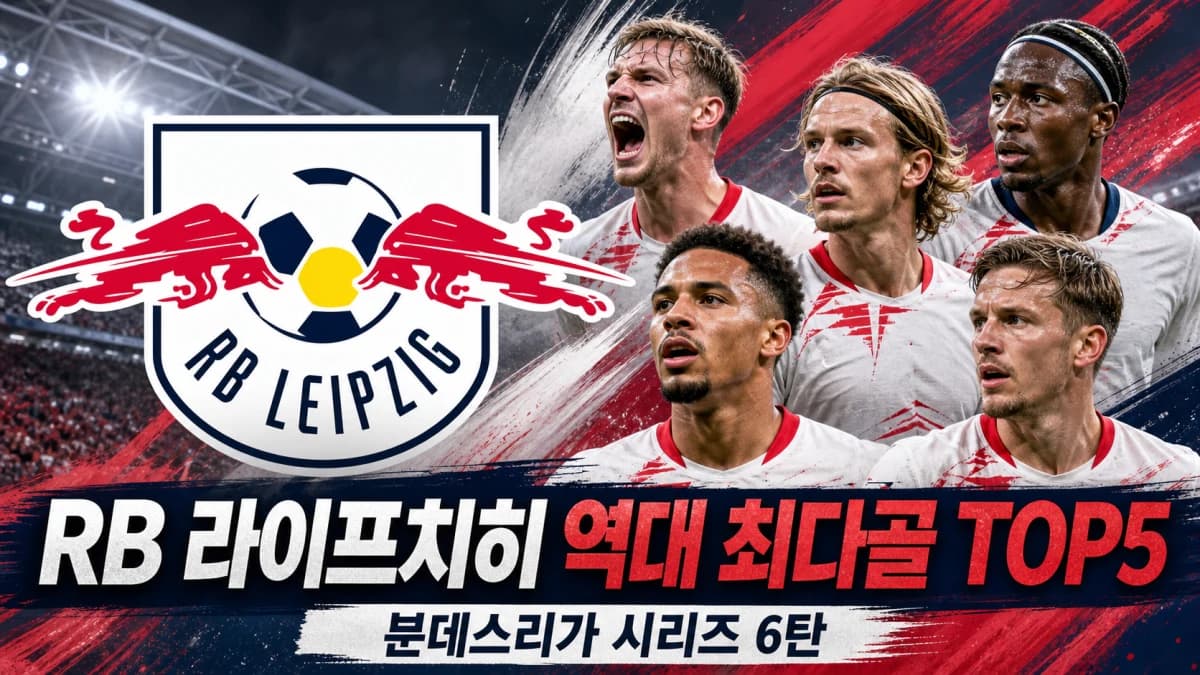 RB 라이프치히 공식 형태의 구단 엠블럼과 다섯 시대별 골잡이를 배치한 역대 최다골 TOP5 분데스리가 시리즈 6탄 썸네일