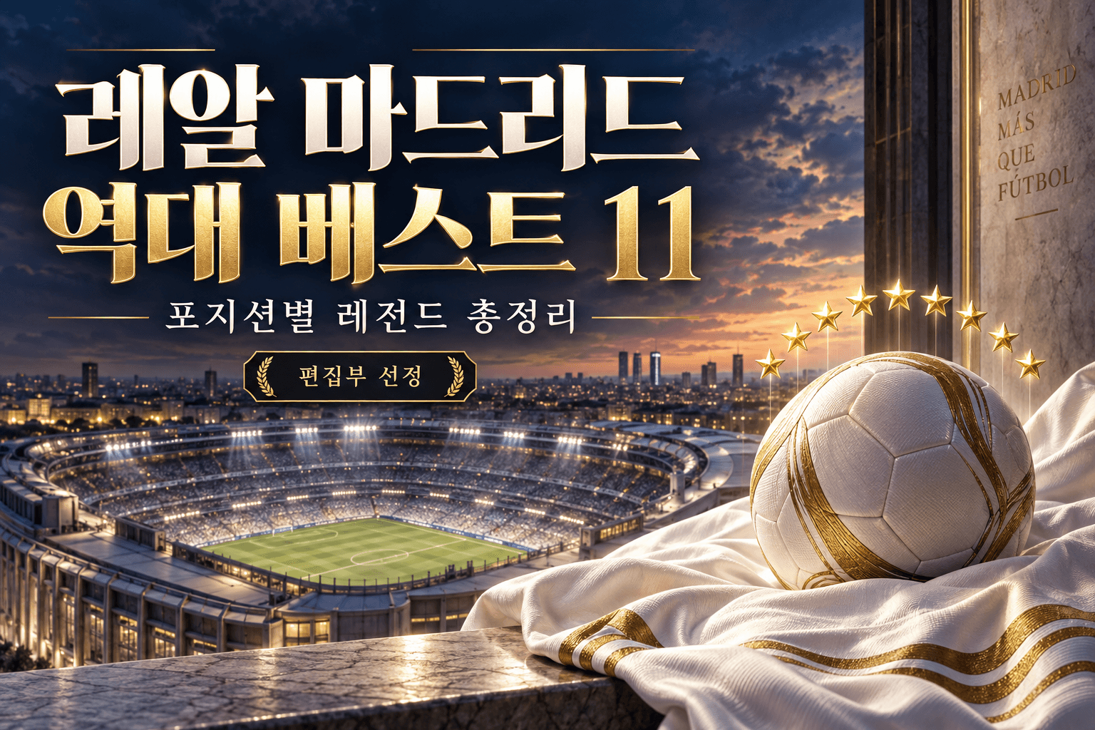 레알 마드리드 역대 베스트11 제목과 금색 축구공, 흰색 천, 경기장 야경을 담은 편집부 선정 AI 콘셉트 일러스트
