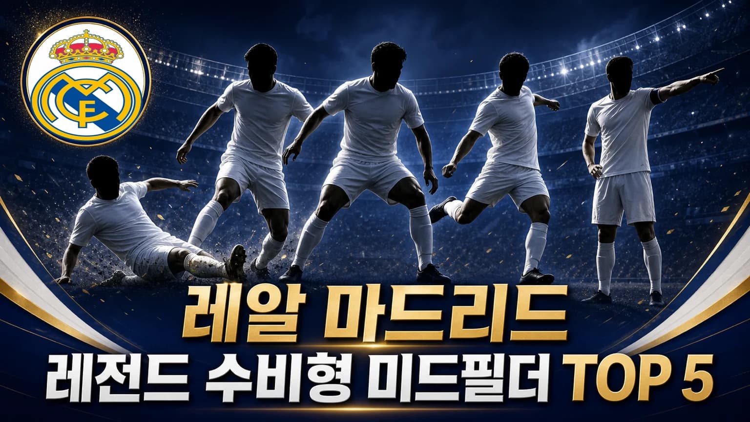 레알 마드리드 공식 엠블럼과 흰색 유니폼의 수비형 미드필더 다섯 명을 배치한 TOP 5 썸네일