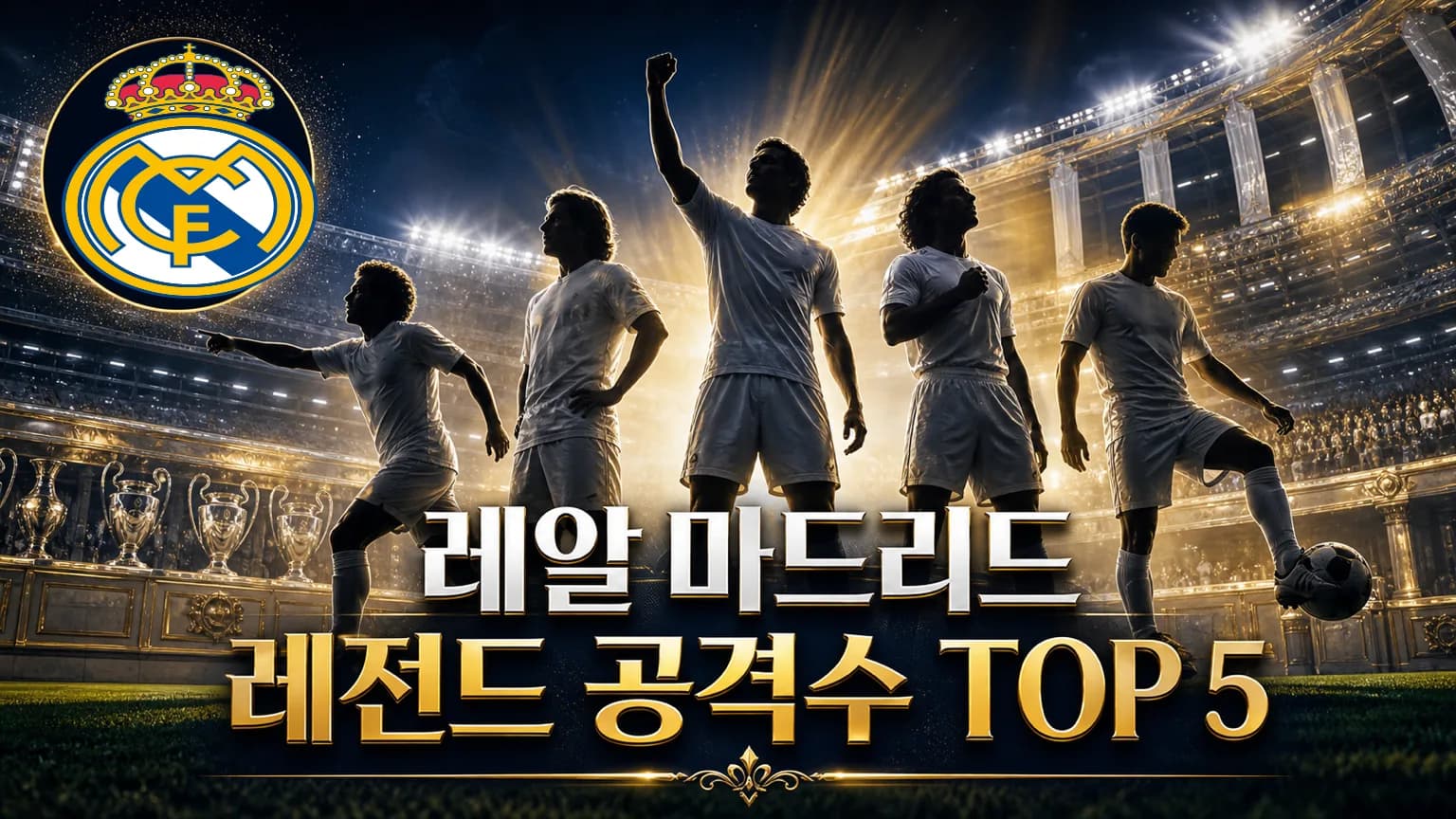 레알 마드리드 공식 엠블럼과 흰색 유니폼을 입은 시대별 공격수 다섯 명을 배치한 역대 레전드 공격수 TOP 5 썸네일