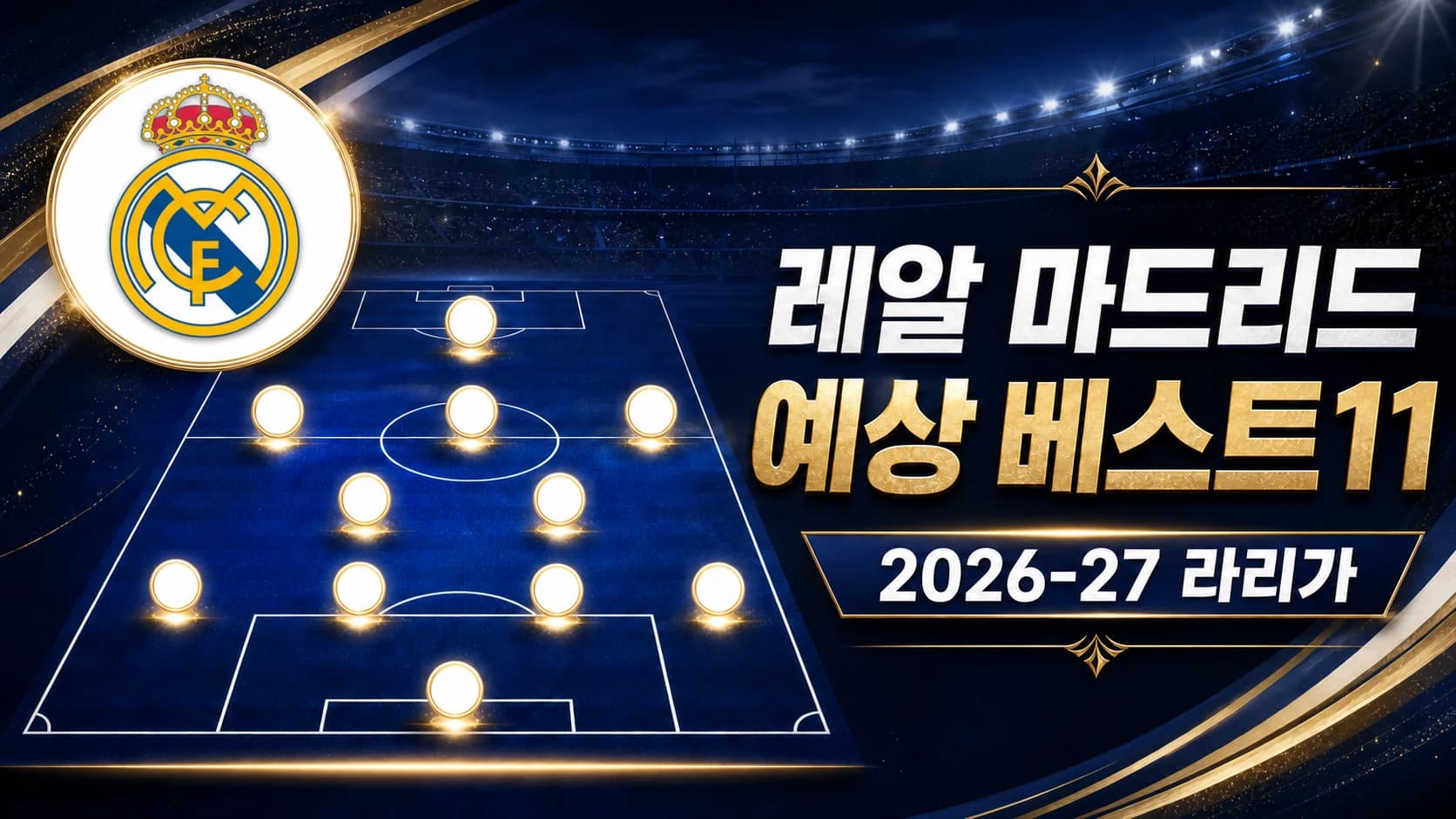 레알 마드리드 공식 엠블럼과 4-2-3-1 전술판을 표현한 2026-27 라리가 예상 베스트11 썸네일
