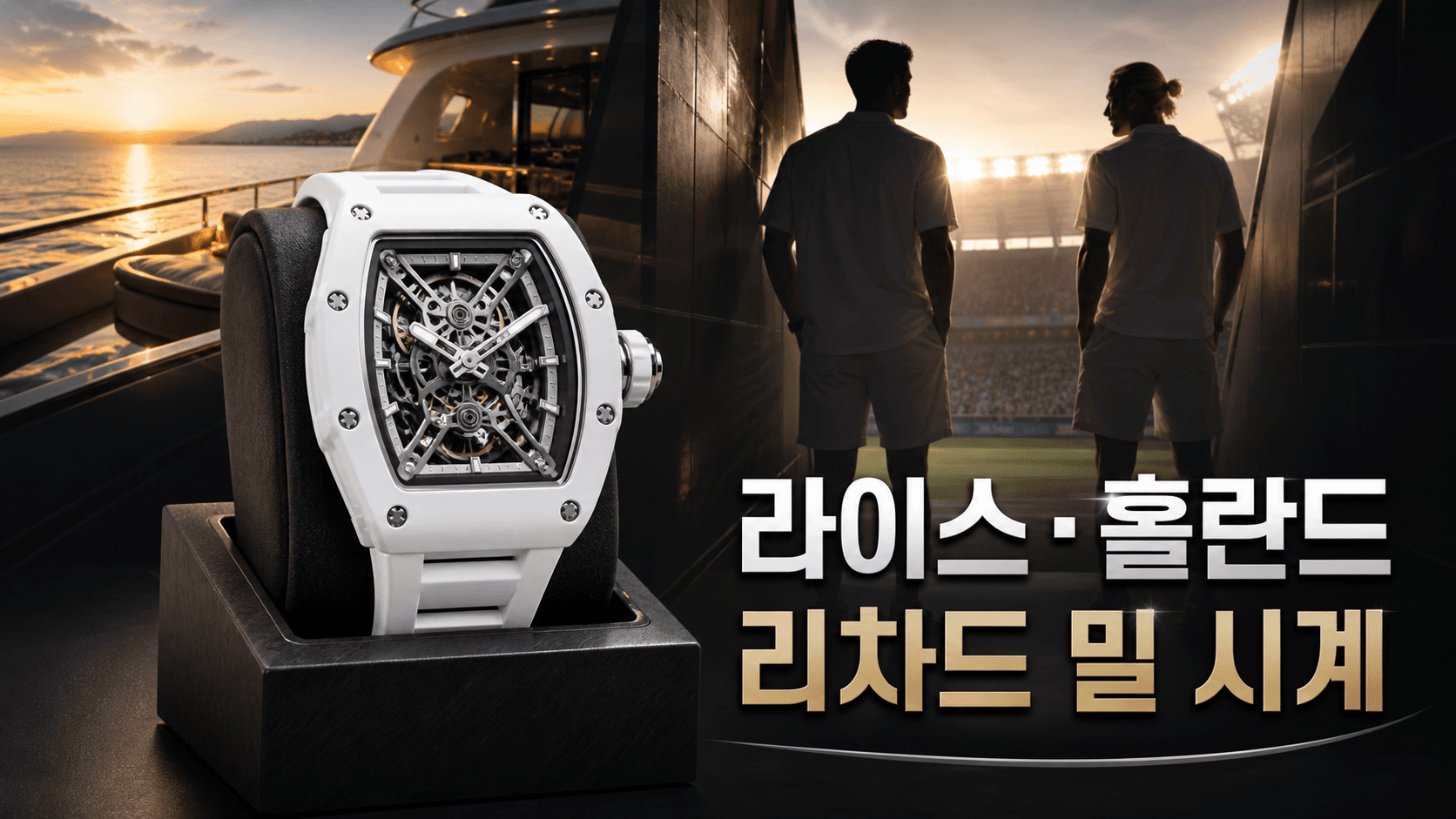 데클란 라이스와 엘링 홀란드가 착용한 리차드 밀 RM 55-01 화이트 쿼츠 시계를 표현한 요트와 경기장 배경의 스포츠 라이프스타일 썸네일