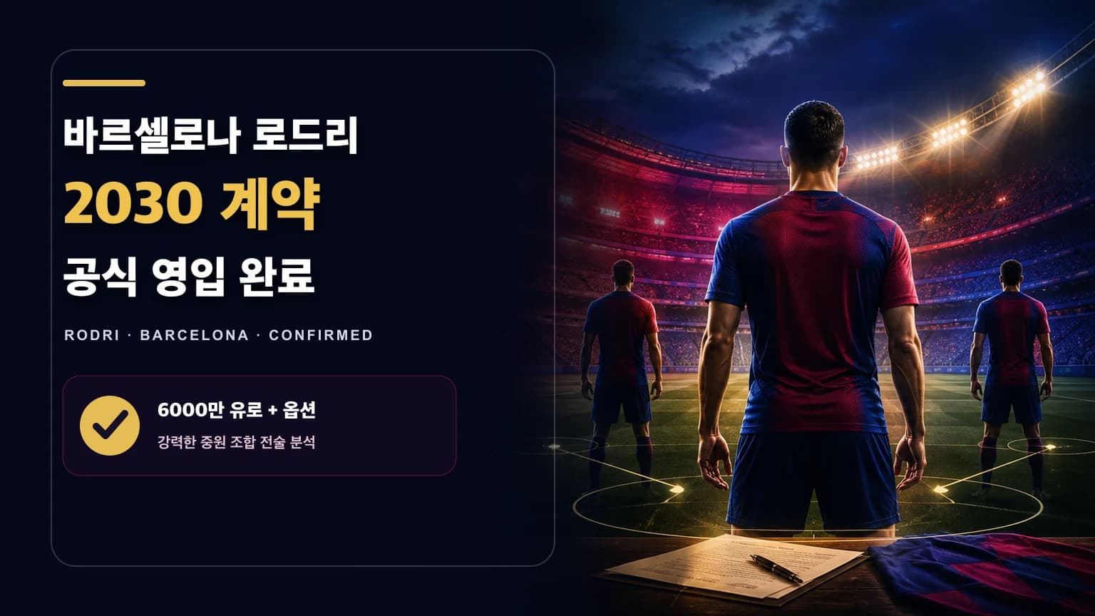 적색과 청색 경기장에서 세 명의 비식별 미드필더가 삼각형을 이루는 바르셀로나 로드리 2030년 계약 썸네일