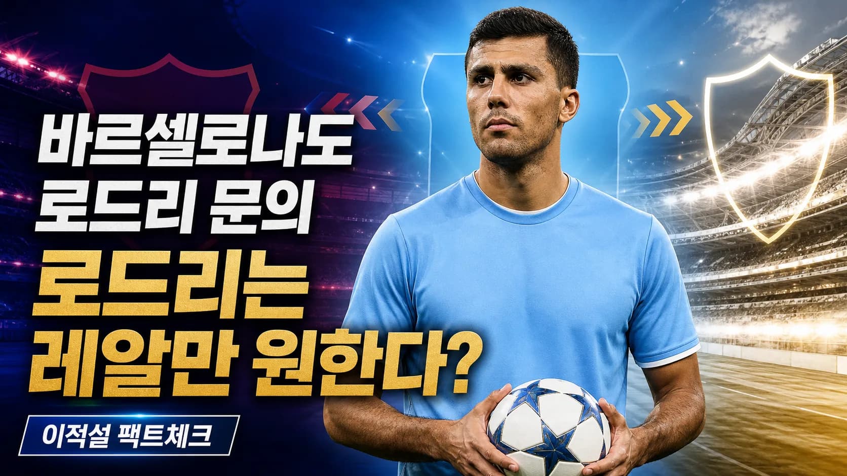 맨체스터 시티의 로드리를 가운데 두고 바르셀로나의 관심설과 레알 마드리드 선호설을 표현한 이적시장 팩트체크 썸네일