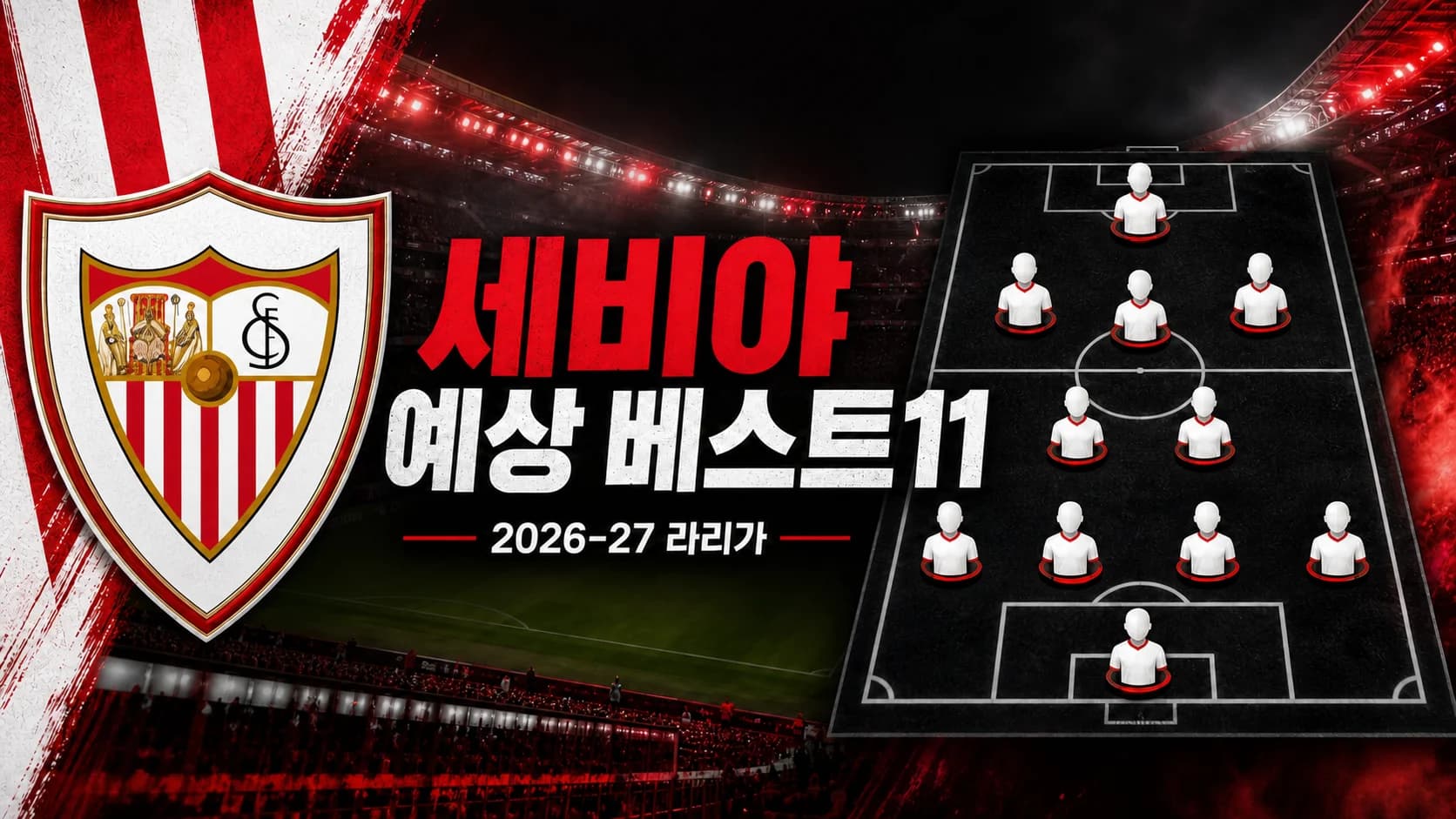 세비야 공식 엠블럼과 4-2-3-1 전술판을 표현한 2026-27 라리가 예상 베스트11 썸네일