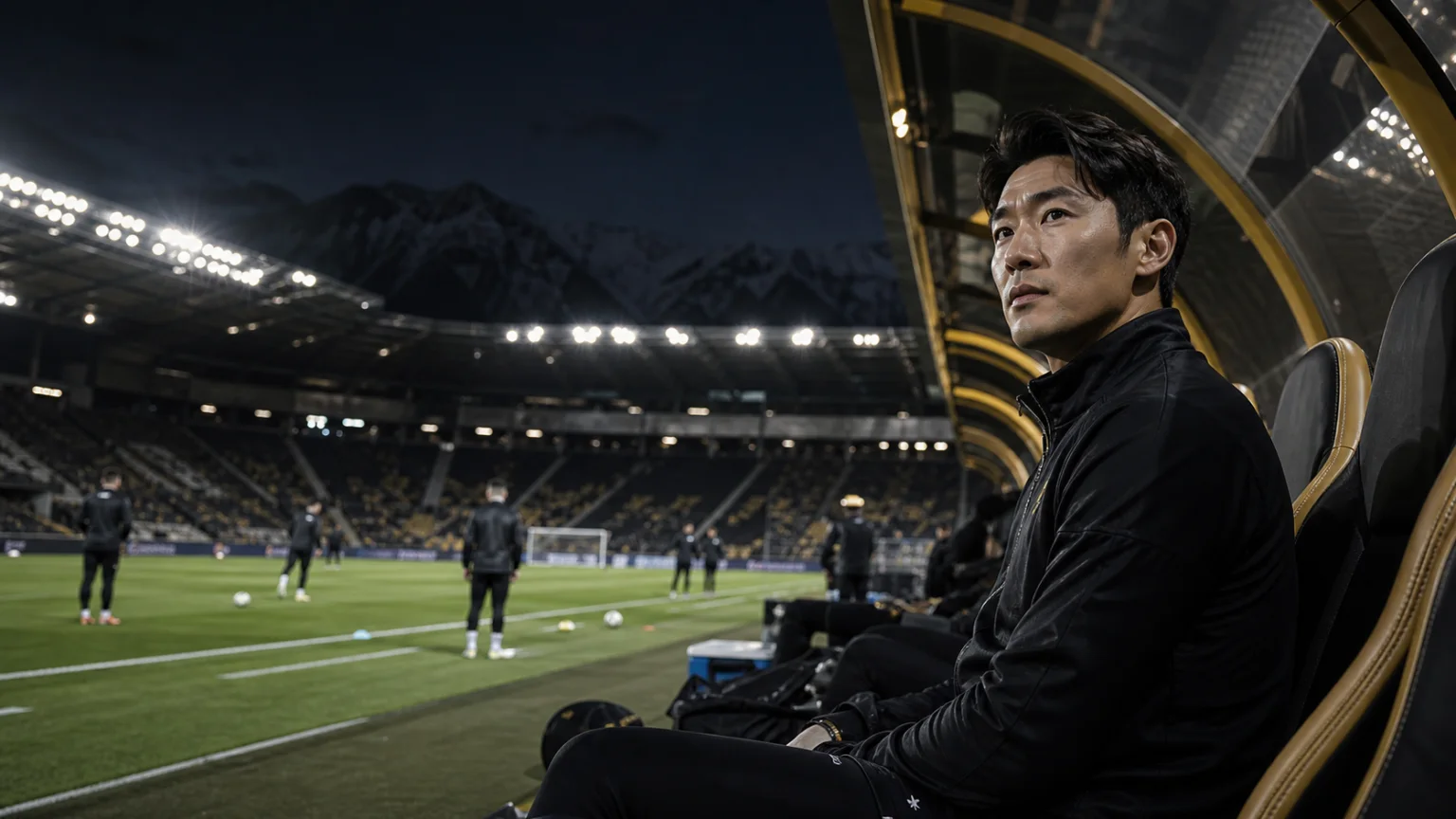 검정과 금색 벤치에서 경기장을 바라보며 출전을 준비하는 비식별 아시아 축구선수