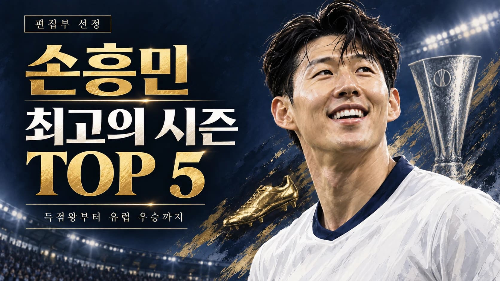 손흥민의 초상과 골든부트 및 유로파리그 트로피를 표현한 최고의 시즌 TOP 5 AI 일러스트