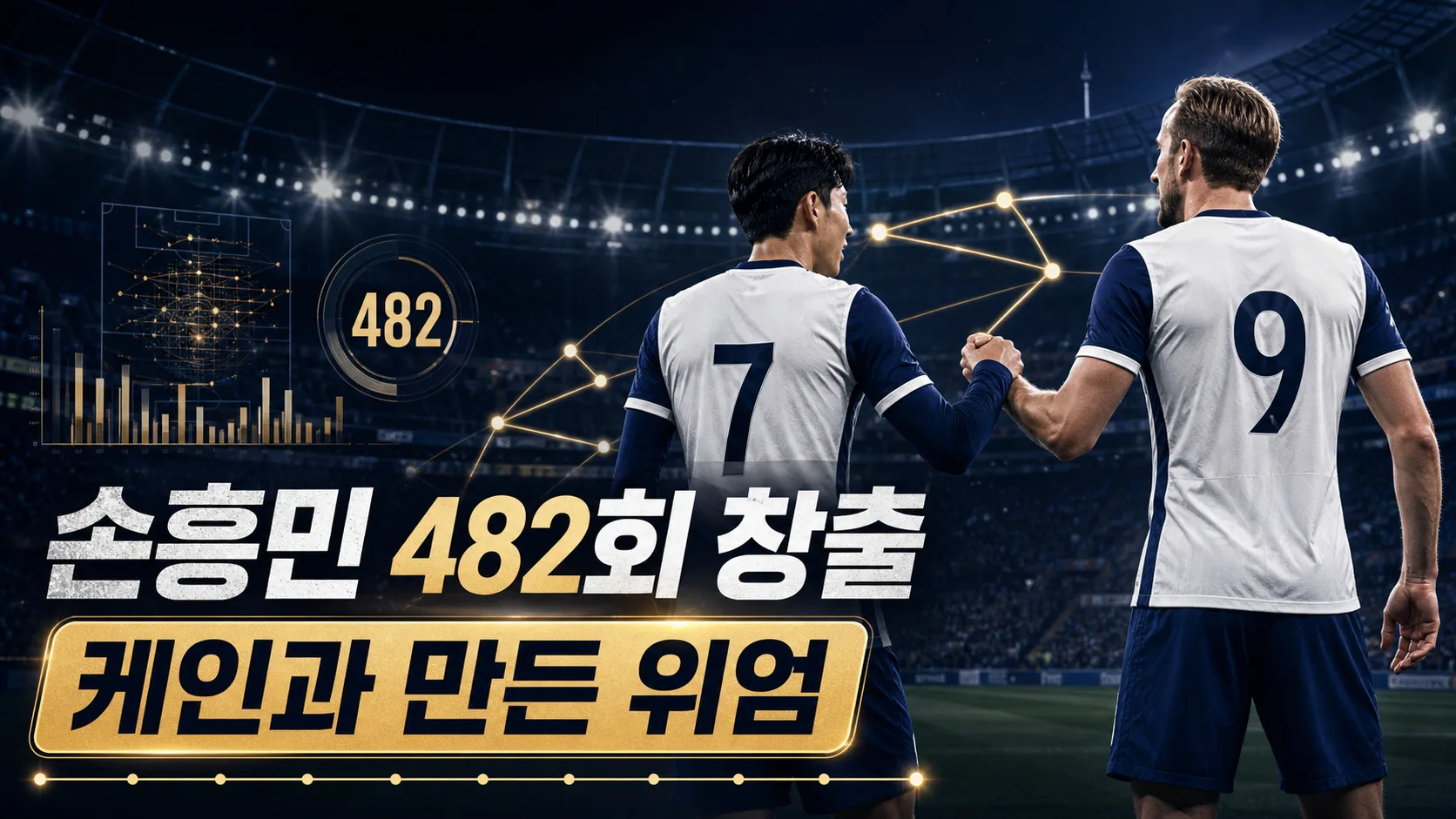 흰색과 남색 7번·9번 공격수가 패스 네트워크와 482회 통계 앞에서 손을 맞잡는 모습을 표현한 편집 이미지