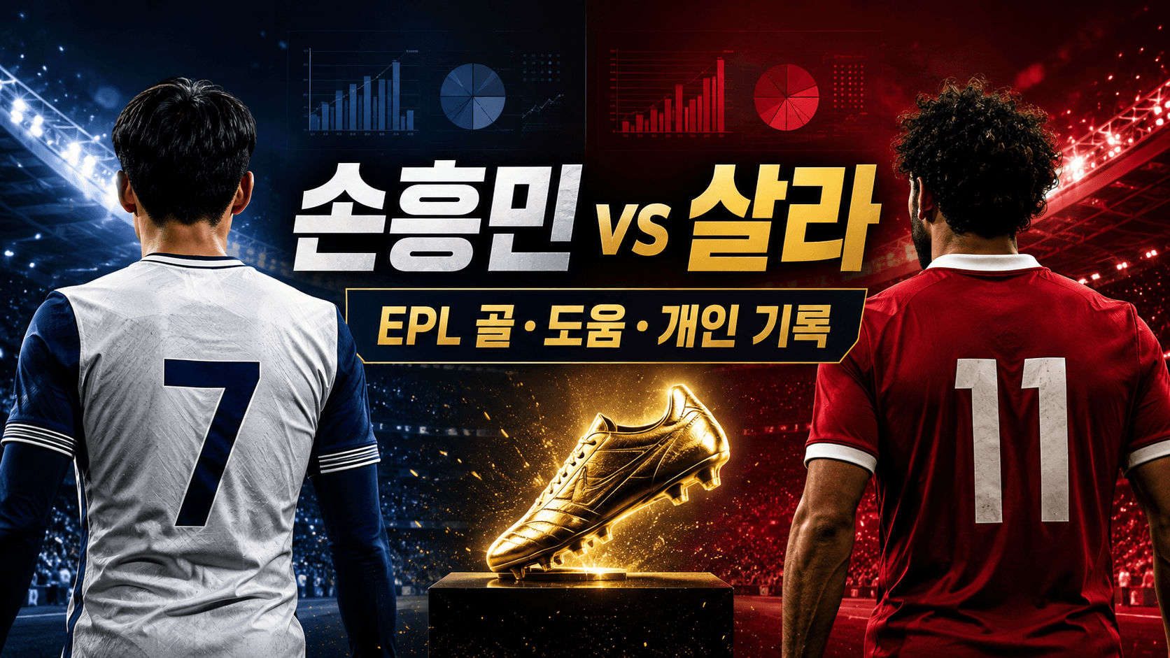 흰색 7번 공격수와 붉은색 11번 공격수가 EPL 골 도움 개인 기록을 비교하는 축구 경기장 썸네일