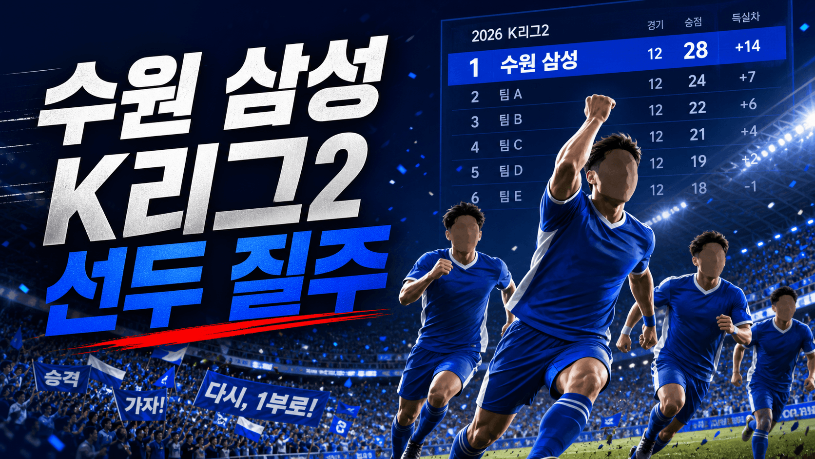 수원 삼성의 2026 K리그2 선두 질주와 승격 경쟁을 표현한 파란 유니폼 선수와 순위표 배경의 스포츠 뉴스 썸네일