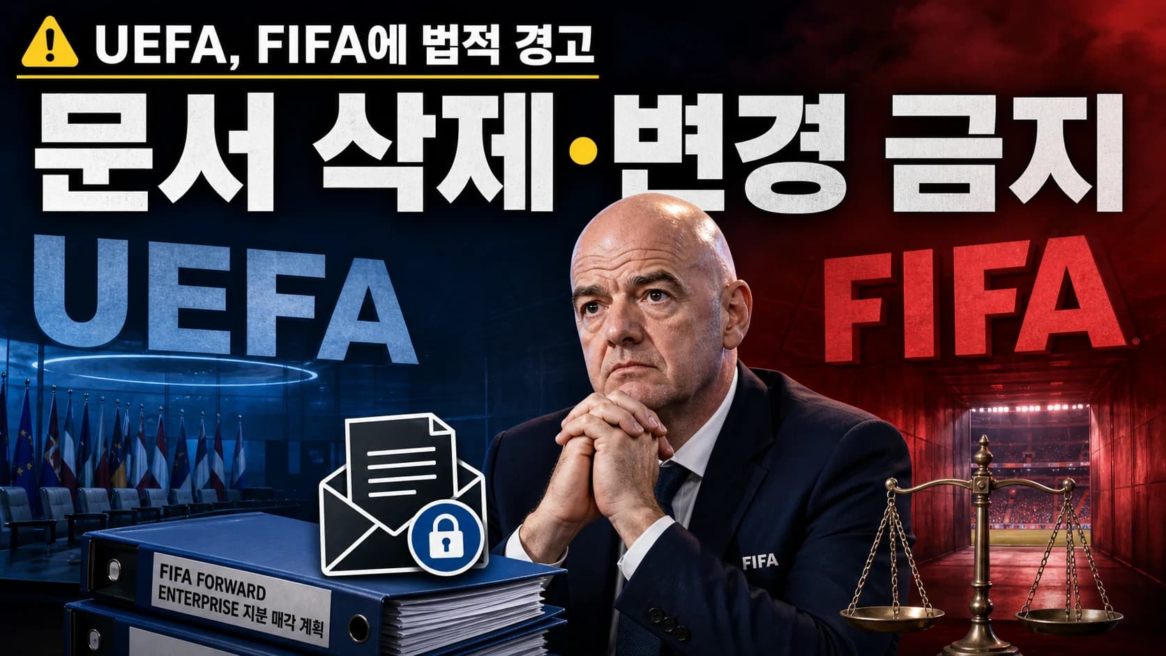 UEFA가 FIFA와 잔니 인판티노에게 FIFA 포워드 엔터프라이즈 관련 문서 보존과 법적 조치를 경고한 상황을 표현한 뉴스 이미지