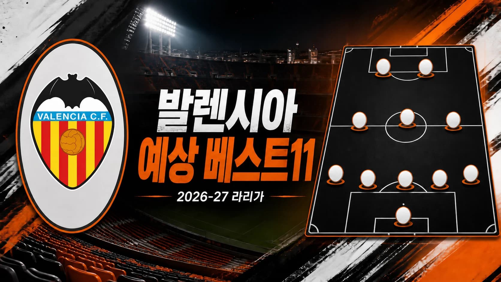 발렌시아 공식 엠블럼과 5-3-2 전술판을 표현한 2026-27 라리가 예상 베스트11 썸네일